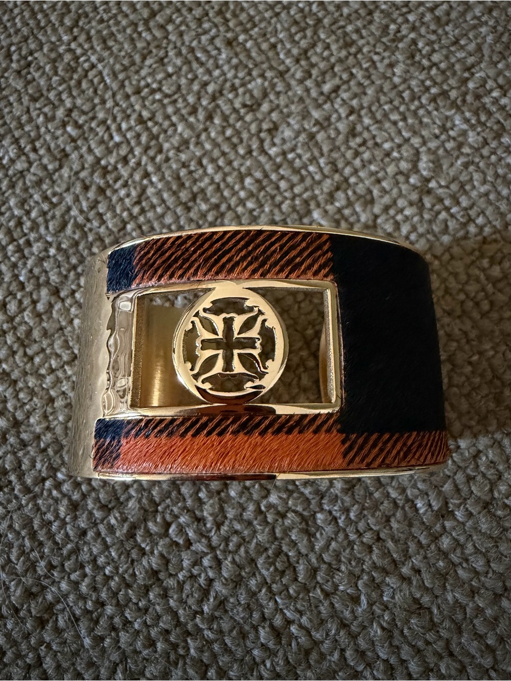 Gold-Tone orange & Black Patterned Cuff Bracelet